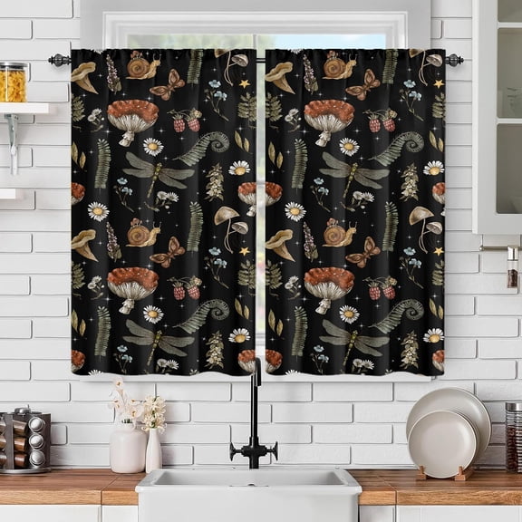 Vintage Woodland Polyester Kitchen Curtains – Nature Seamless Pattern with Amanita Mushroom, Fern & Forest Plants Botanical Design, Witchcraft Style Window Treatment 84x84 Inch