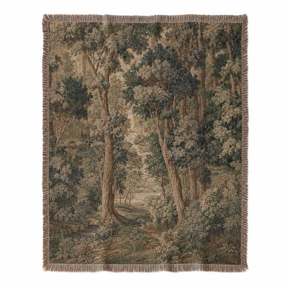 Vintage Woodland Tapestry Design in Green and Beige Woven Throw Blanket, Cotton with Fringed Edges, Traditional, Couch and Bed Home Decor