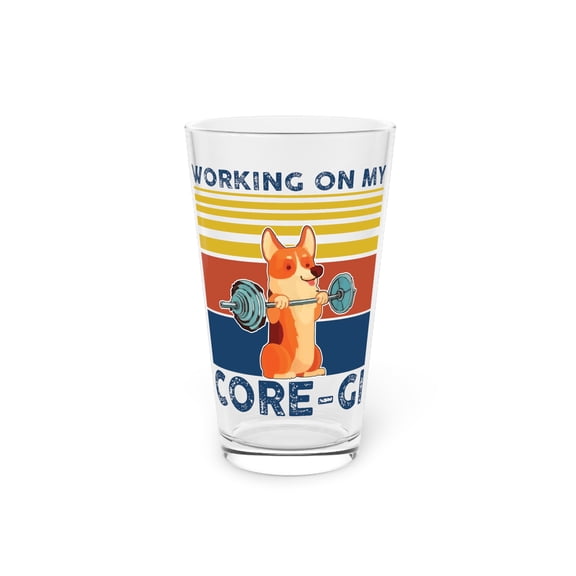 Vintage Working On My Core-Gi Workout Graphic Gift | Humorous Weightlifting Doggo Men Womens Pint Glass, 16oz