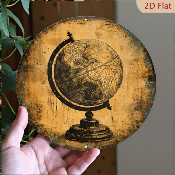 Vintage World Globe Metal Wall Art, Round Aluminum Decorative Plaque, Antique Map Map Decor for Home Office, 8 x 8 Inch