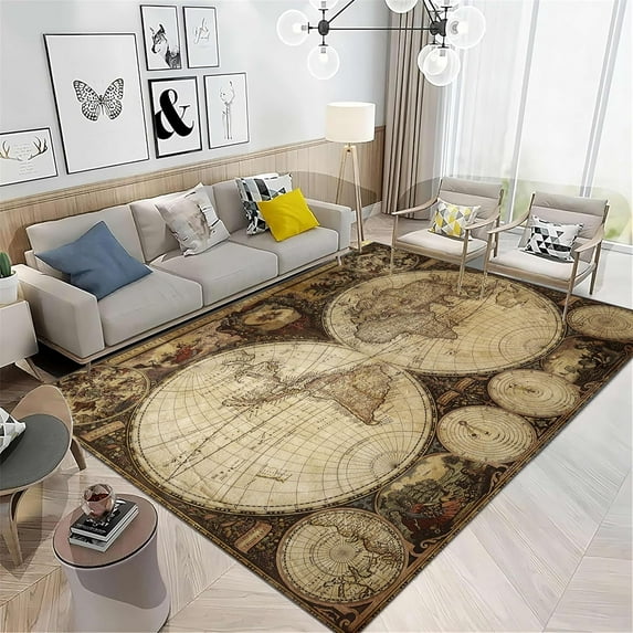 Vintage World Map Area Rug, Brown Vintage Compass, Nostalgic Style Art Rug, Wooden Lodge Decorative Rug, Perfect For Living Room, Dining Room, Home Office 5x6ft