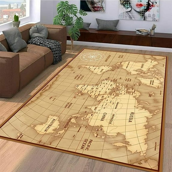 Vintage World Map Area Rug For Living Room Bedroom, Historic Map Antique Style Soft Washable Carpet, Indoor Decorative Rugs With Non-Slip Backing 5 x 7ft