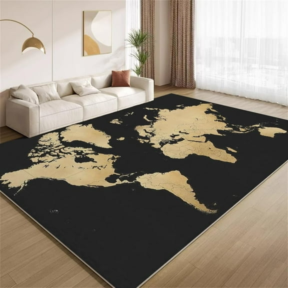 Vintage World Map Area Rugs, Black Gold Modern Map Design Carpet, Non Slip Machine Washable Indoor Rug for Living Room Bedroom Study Office Entrance Foyer Decor Mat 2x3ft