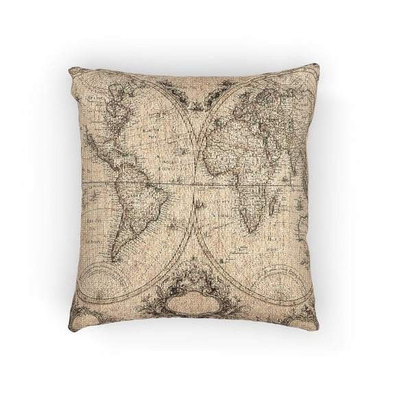Vintage World Map Beige and Black Woven Pillow, Cotton-Polyester Shell, Cartographic Style