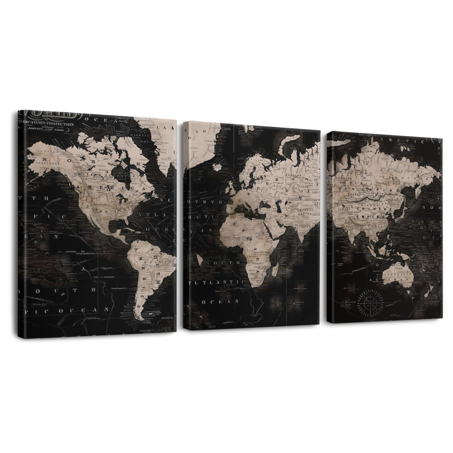 Vintage Black and Beige World Map Canvas Wall Art Set