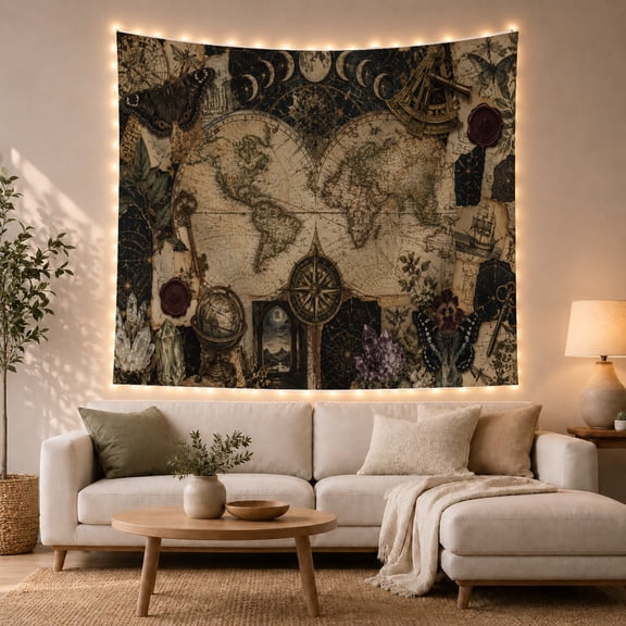 Vintage World Map Collage with Moon Phases and Butterflies, Mystical Gothic for Map Lovers, Antique Celestial Decor, Housewarming Gift, Tapestry Wall Hanging for Living Room and Study Room