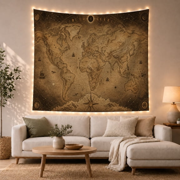 Vintage World Map With Compass and Old Paper Texture, Nostalgic Vintage Style for Travel Lovers, Map Wall Art, Graduation Gift, Tapestry Wall Hanging for Office and Study Room