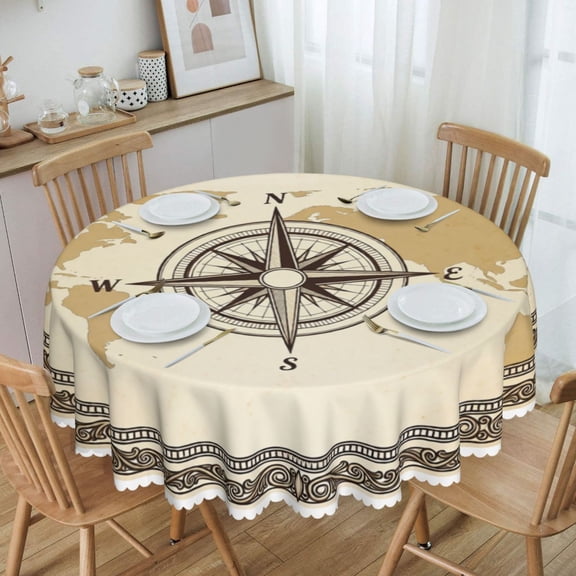 Vintage World Map With Compass Round Tablecloth Waterproof Table Cloth Stain and Wrinkle Resistant Washable, Decorative Fabric Table Cover for Dining, Party and Camping