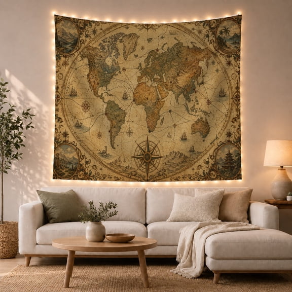 Vintage World Map with Compass and Ships on Aged Parchment, Nostalgic Vintage for Travel Enthusiasts, Antique Map Wall Art, Housewarming Gift, Tapestry Wall Hanging for Study Room and Living Room