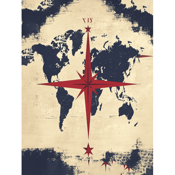 Vintage World Map Compass Star Canvas Wall Art Suitable for Living Room Bedroom Office Study and Hallway Decoration.