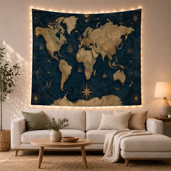 Vintage World Map on Deep Navy Background, Nostalgic Vintage for Cartography Lovers, Educational Wall Art Decor, Graduation Gift, Tapestry Wall Hanging for Bedroom and Living Room