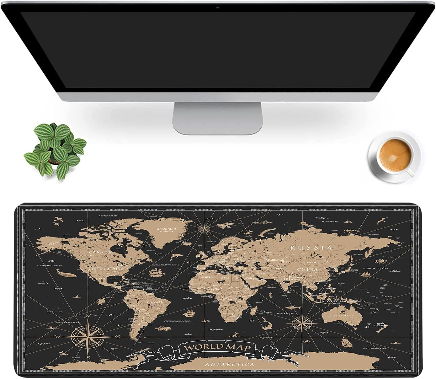 Vintage World Map Desk Mat,Black Golden World Map Extended Gaming