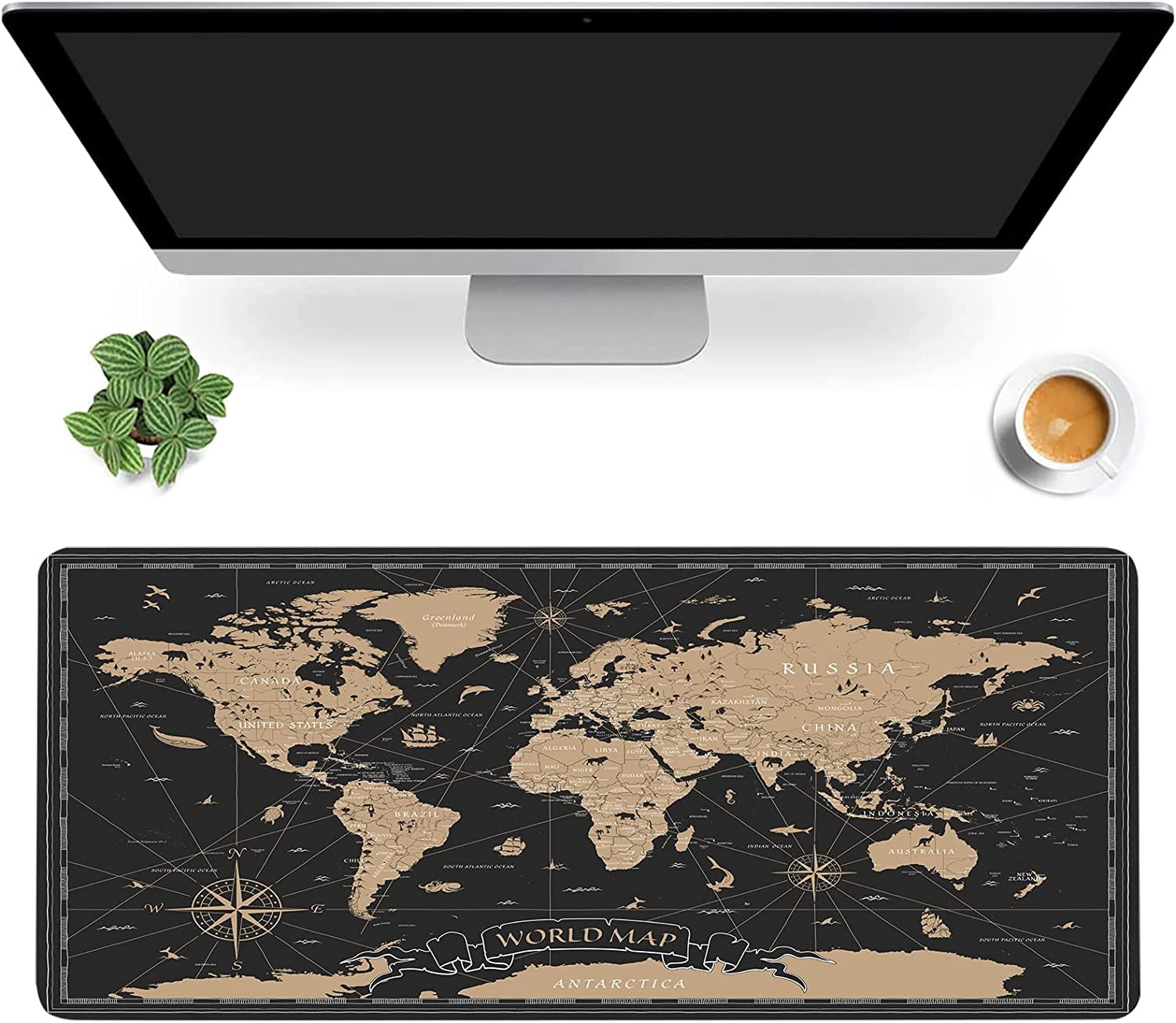 Vintage World Map Desk Mat,Black Golden World Map Extended Gaming Mouse Pad,Large Non-Slip Rubber Base Mousepad with Stitched Edges,Waterproof Mouse Mat Desk Pad for Office Game Home 35.4x15.75 in