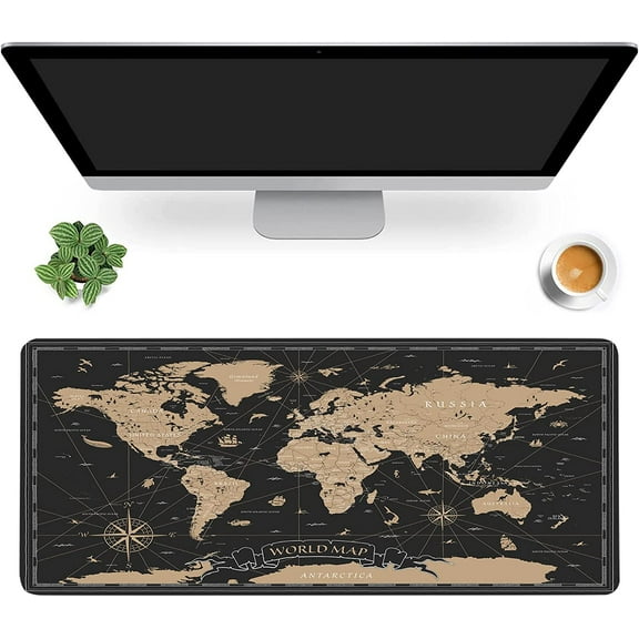 Vintage World Map Desk Mat,Black Golden World Map Extended Gaming Mouse Pad,Large Non-Slip Rubber Base Mousepad with Stitched Edges,Waterproof Mouse Mat Desk Pad for Office Game Home 35.4x15.75 in