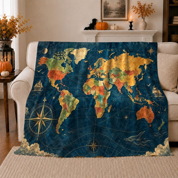 Vintage World Map Explorer Theme, Cozy Coastal Landscape Scene, Warm Flannel Blanket for Cabin and Lodge with Detailed Artwork, Beach Lovers Housewarming Gift, Coastal Home Decor