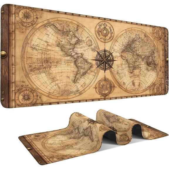 Vintage World Map Extended Gaming Mouse Pad 35.4 x 15.7 Inch – Retro Desk Mat for Gaming, Office Work, and Study, with Non-Slip Rubber Base