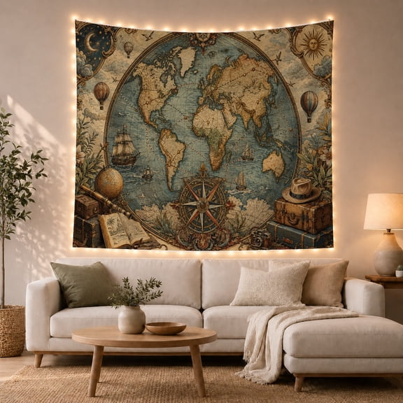 Vintage World Map with Hot Air Balloons and Compass Rose, Nostalgic Boho for Travel Lovers, Antique Cartography Art, Housewarming Gift Tapestry Wall Hanging for Bedroom and Living Room
