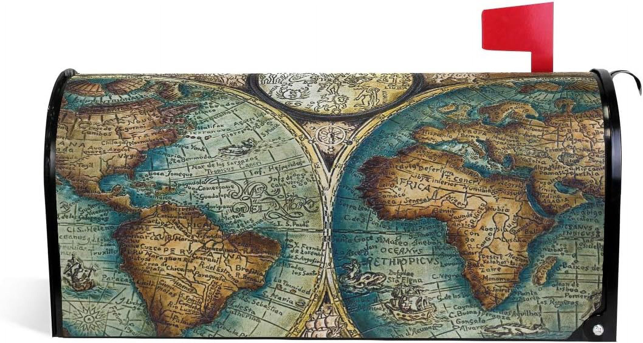 Vintage World Map Magnetic Mailbox Cover MailWraps Garden Yard Home Decor for Outside Oversized-25.5" x20.8"
