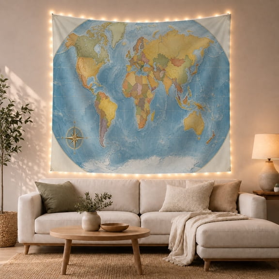 Vintage World Map with Muted Countries on Blue Oceans, Dreamy Boho for Geography Enthusiasts, Decorative Wall Art, Housewarming Gift, Tapestry Wall Hanging for Study Room and Living Room