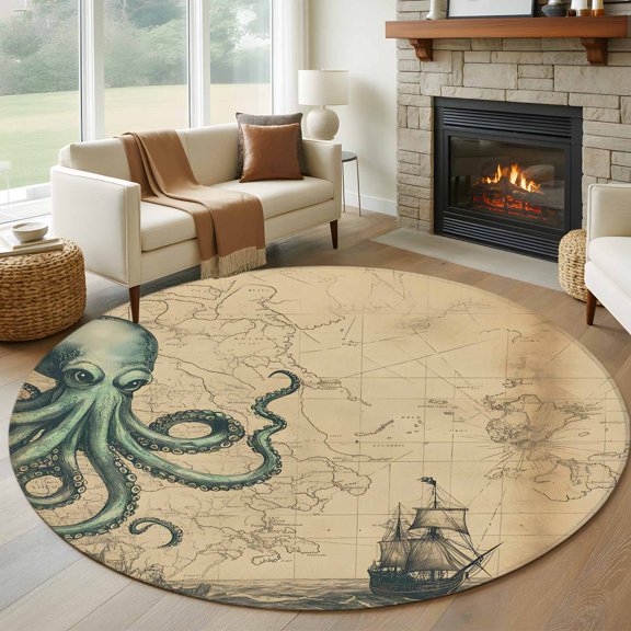 Vintage World Map Ocean Octopus Round Rug 5ft Nautical Sailing Boat Brown Washable Area Rugs for Living Room Bedroom Entryway Non Slip Entrance Door Mat Indoor Floor Carpet