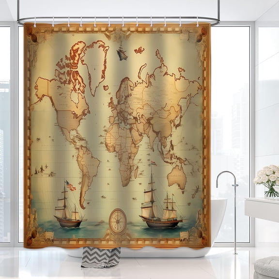 Vintage World Map Shower Curtain for Bathroom, Retro Historical Old Nordic Style Nautical Shower Curtain Set Waterproof Fabric Bathtub Curtain Decor with 12 Hooks, 72x72 inches