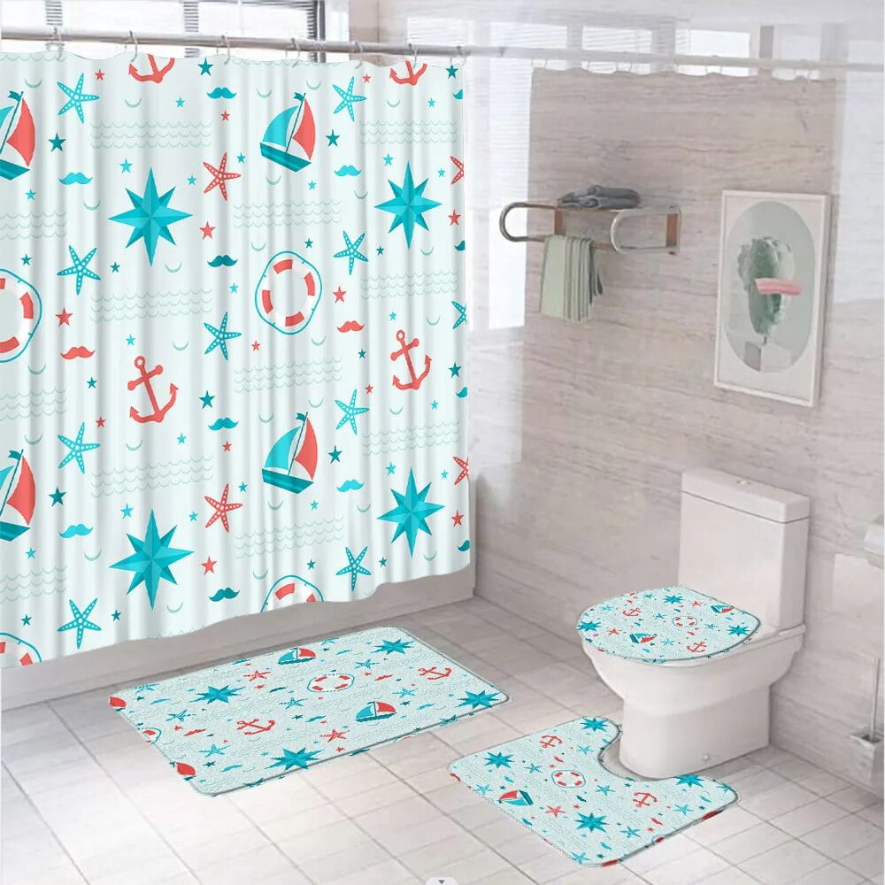 Vintage World Map Shower Curtains Set Nautical StarCompass Anchor ...