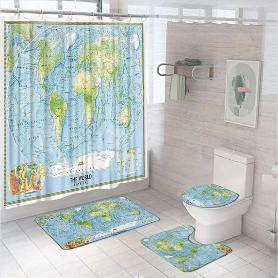 Vintage World Map Shower Curtains Set Nautical StarCompass Anchor Bathroom Screen Non-Slip Carpet Rug Toilet Cover Bath Mat