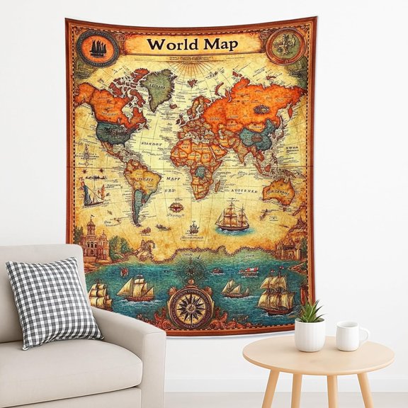 Vintage World Map Tapestry, Orange Nautical Decorative Wall Hanging, Travel Aesthetic for Living Room, Bedroom, Bohemian Home Decor 60x80 Inch