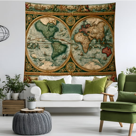 Vintage World Map Tapestry Wall Hanging, Antique Double Hemisphere Map Wall Decor, Nautical Travel Room Decor for Bedroom Dorm Office