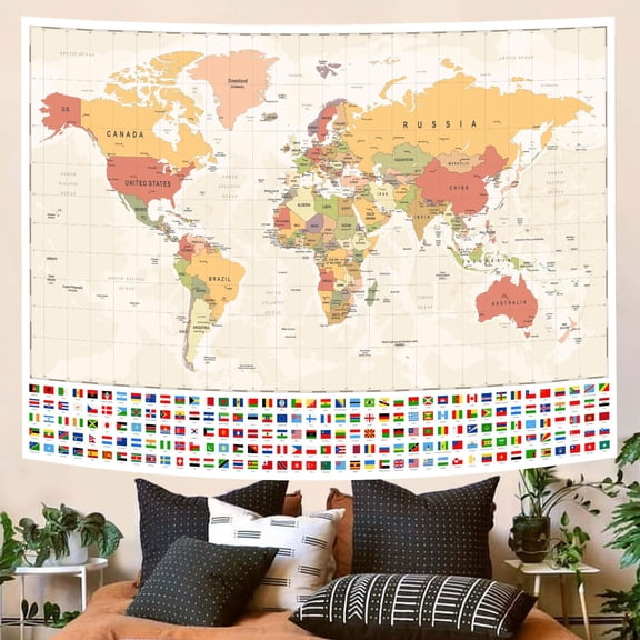 Vintage World Map Tapestry with Country Flags, Educational Geography Wall Hanging Fabric Decor for Living Room, Office, Classroom, Dorm, 60 x 50 Inch
