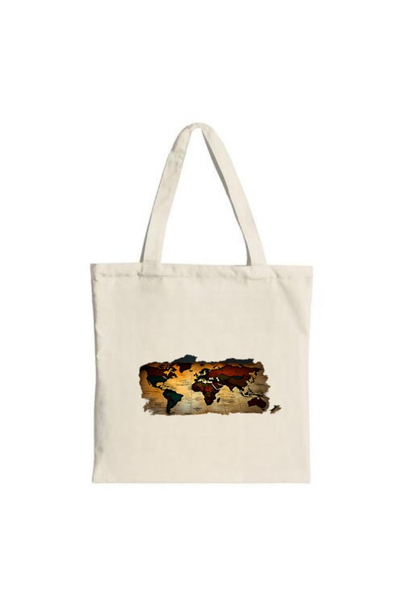 Vintage World Map Tote Bag - Cream Canvas Brown & Green Continents Perfect for Shopping Travel & Parties Stylish & Reusable