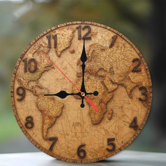 Vintage World Map Wall Clock Antique Style Home Decor 10-Inch Silent Wooden Wall Clock, Battery Operated (AA Batteries Not Included), Artistic Home Decor