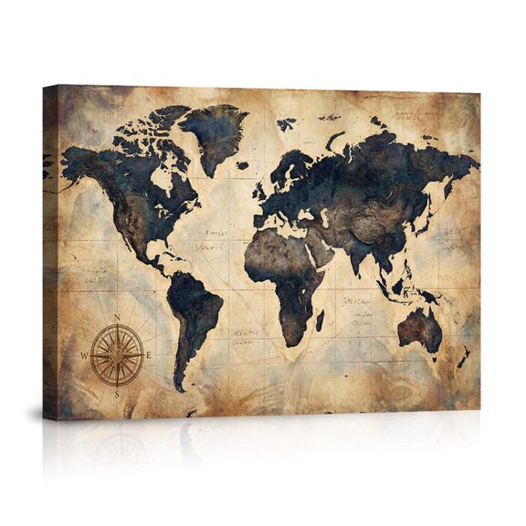 Vintage World Map With Compass Antique Nautical Exploration Rustic Global Travel For Home Office Canvas