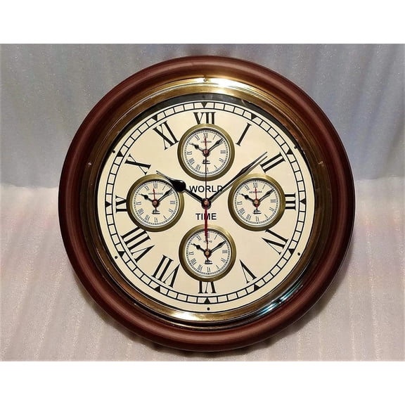 Vintage World Time Wall Clock with 5 Time Zones Roman Numerals & Wooden Frame Grandmother, Grandfather, Birthday, Valentine Gift