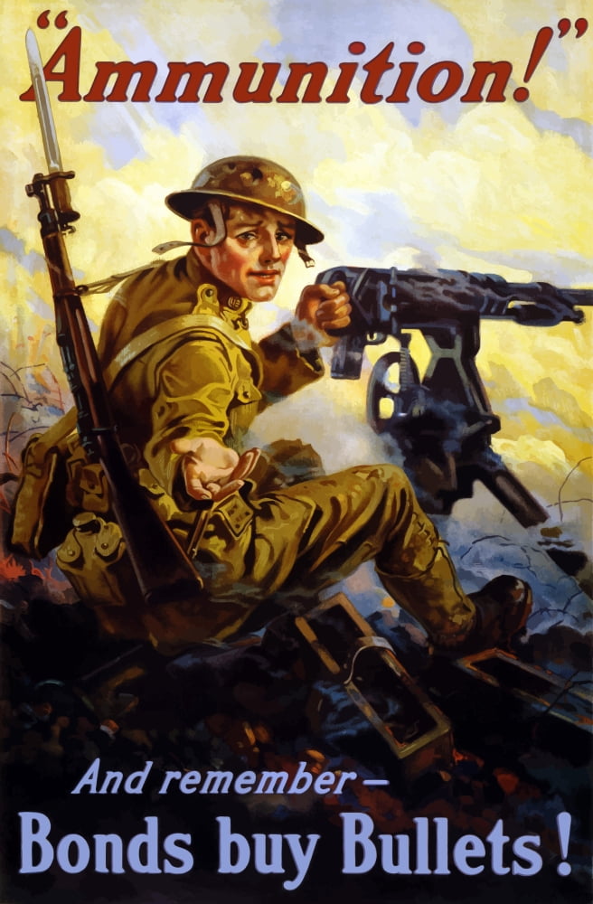 Vintage World War I poster of a US soldier firing a machine gun on a battlefield Canvas Art - John ParrotStocktrek Images (23 x 35)