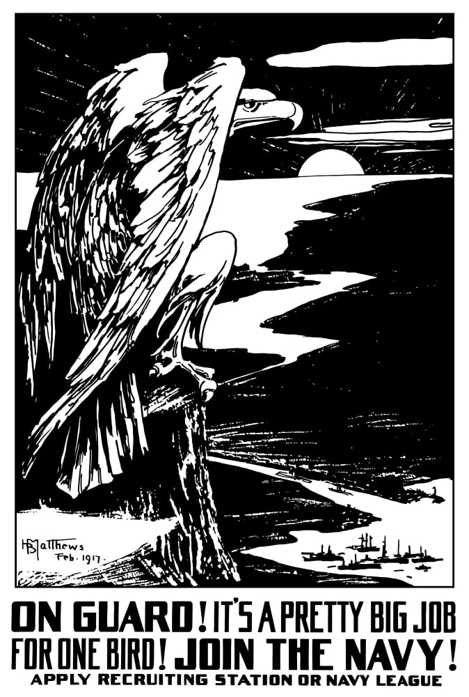Vintage World War I poster of a bald eagle overlooking battle ships Canvas Art - John ParrotStocktrek Images (12 x 17)