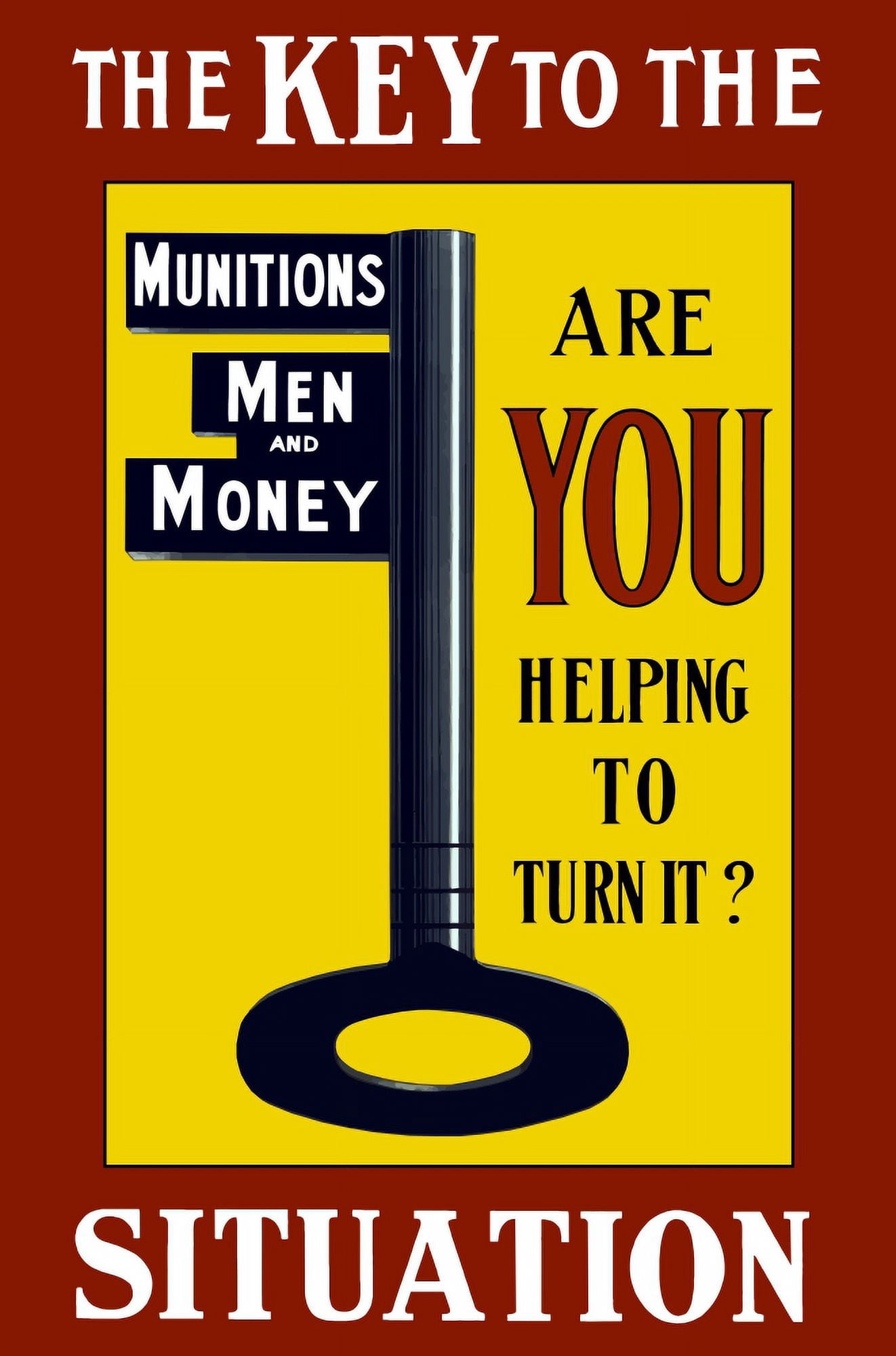 Vintage World War I poster of a large key labeled Munitions Men and Money Canvas Art - John ParrotStocktrek Images (23 x 35)