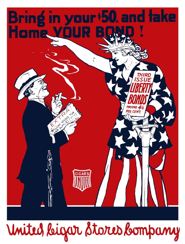 Vintage World War I poster of a man smoking a cigar as Lady Liberty points at him Canvas Art - John ParrotStocktrek Images (13 x 16)