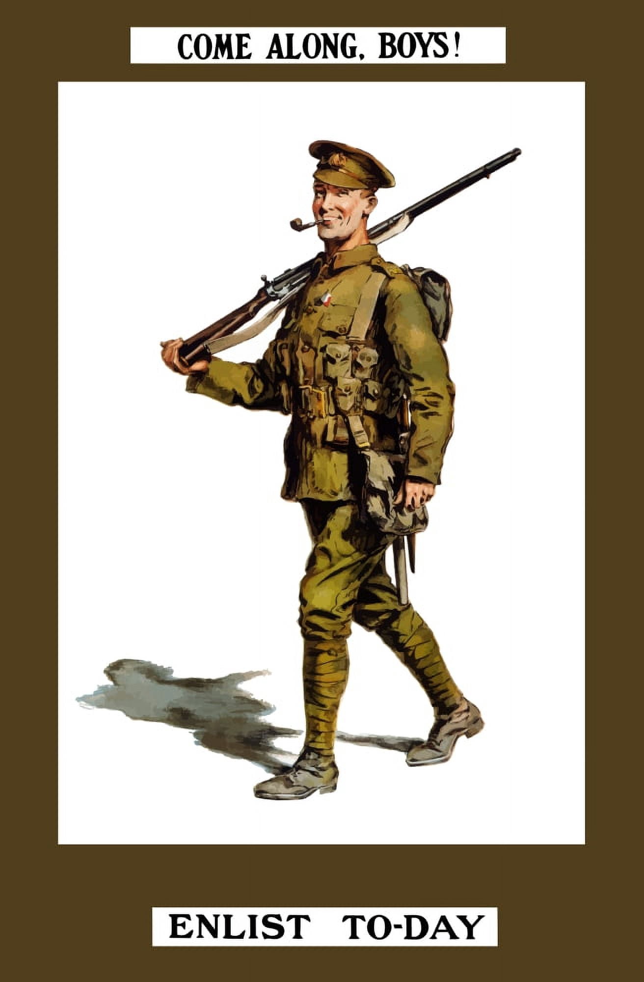 Vintage World War I poster of a smiling British soldier marching along with his rifle Canvas Art - John ParrotStocktrek Images (23 x 35)