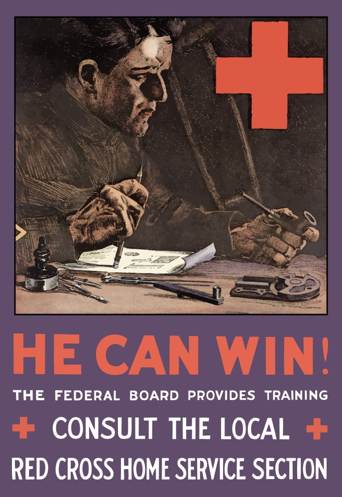 Vintage World War I poster of an injured soldier working at a desk and smoking a pipe Canvas Art - John ParrotStocktrek Images (12 x 17)