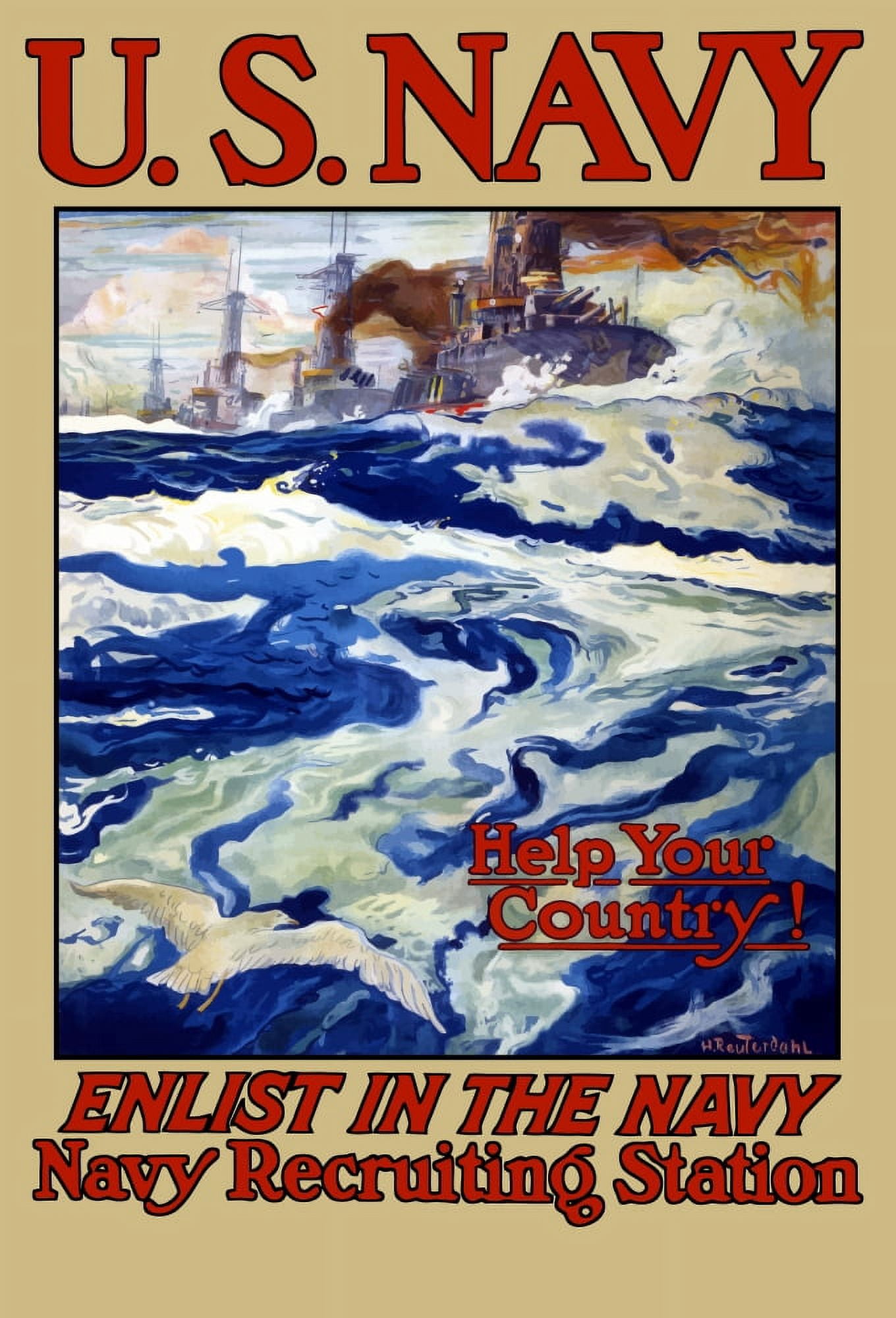Vintage World War I poster of battleships at sea Canvas Art - John ParrotStocktrek Images (24 x 34)