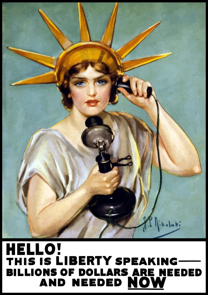 Vintage World War I poster of the Statue of Liberty talking on the telephone Canvas Art - John ParrotStocktrek Images (12 x 17)