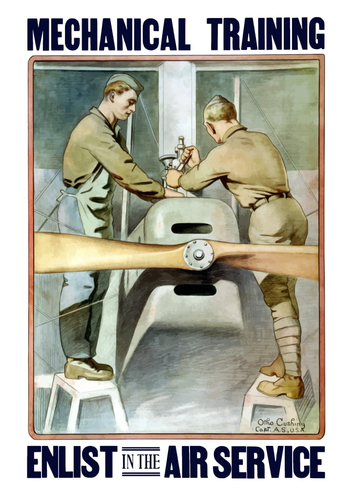 Vintage World War I poster of two airmen working on a plane Canvas Art - John ParrotStocktrek Images (12 x 17)
