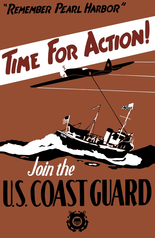Vintage World War II poster featuring a fighter plane and a ship patrolling the sea Canvas Art - John ParrotStocktrek Images (12 x 18)