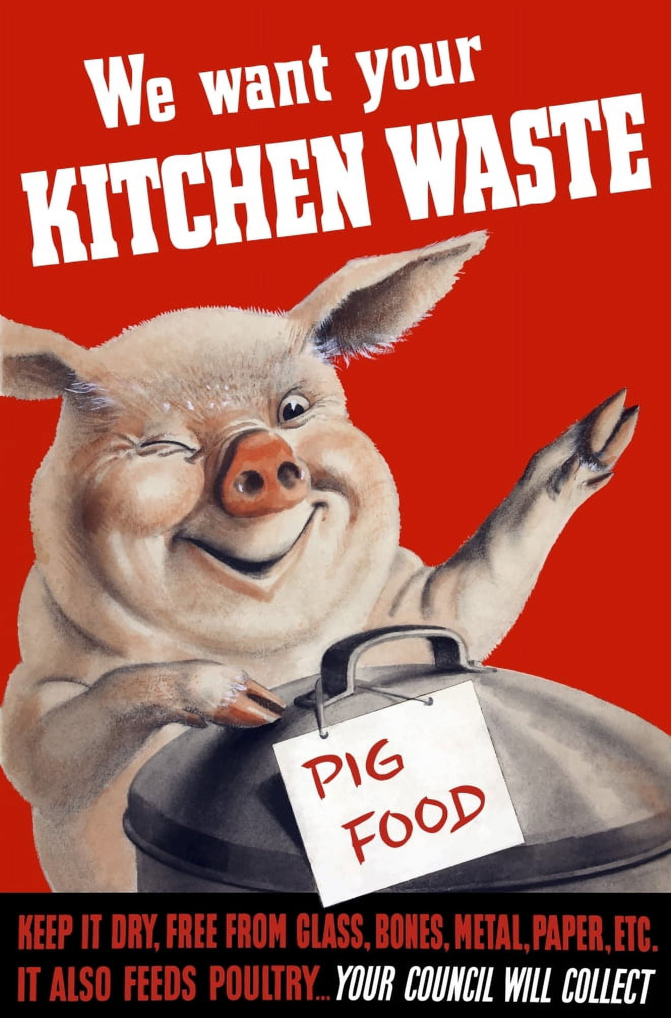 Vintage World War II poster featuring a pig standing with a garbage can Canvas Art - John ParrotStocktrek Images (23 x 34)