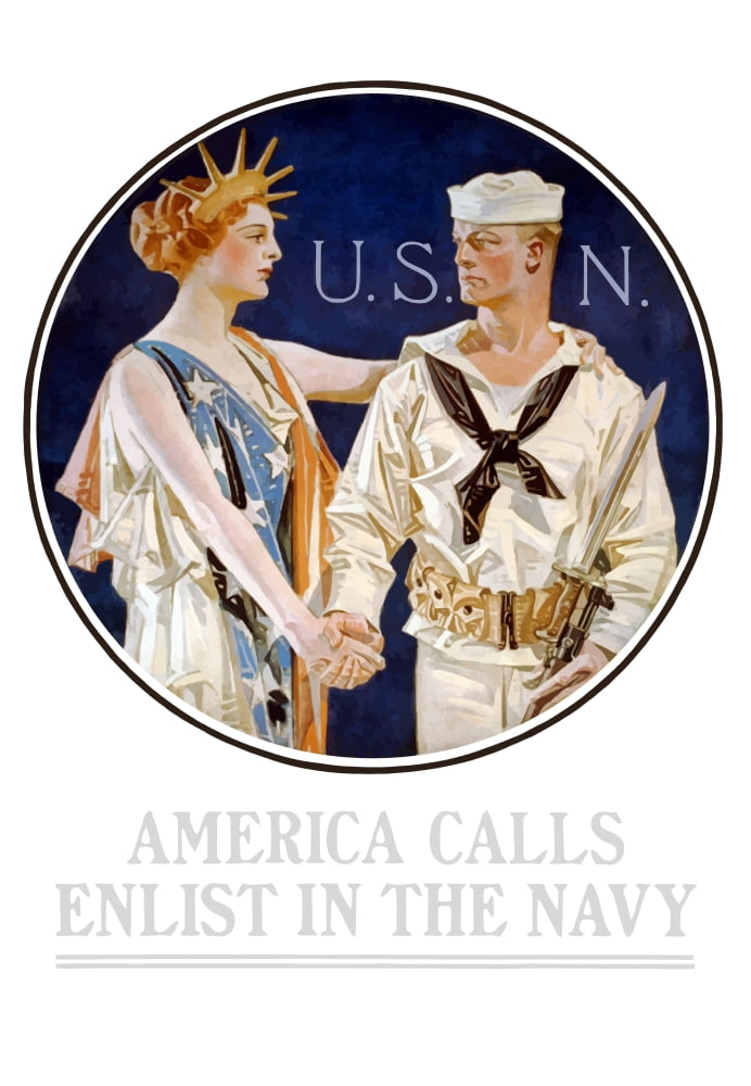 Vintage World War II poster of Liberty shaking hands with a sailor Canvas Art - John ParrotStocktrek Images (24 x 34)