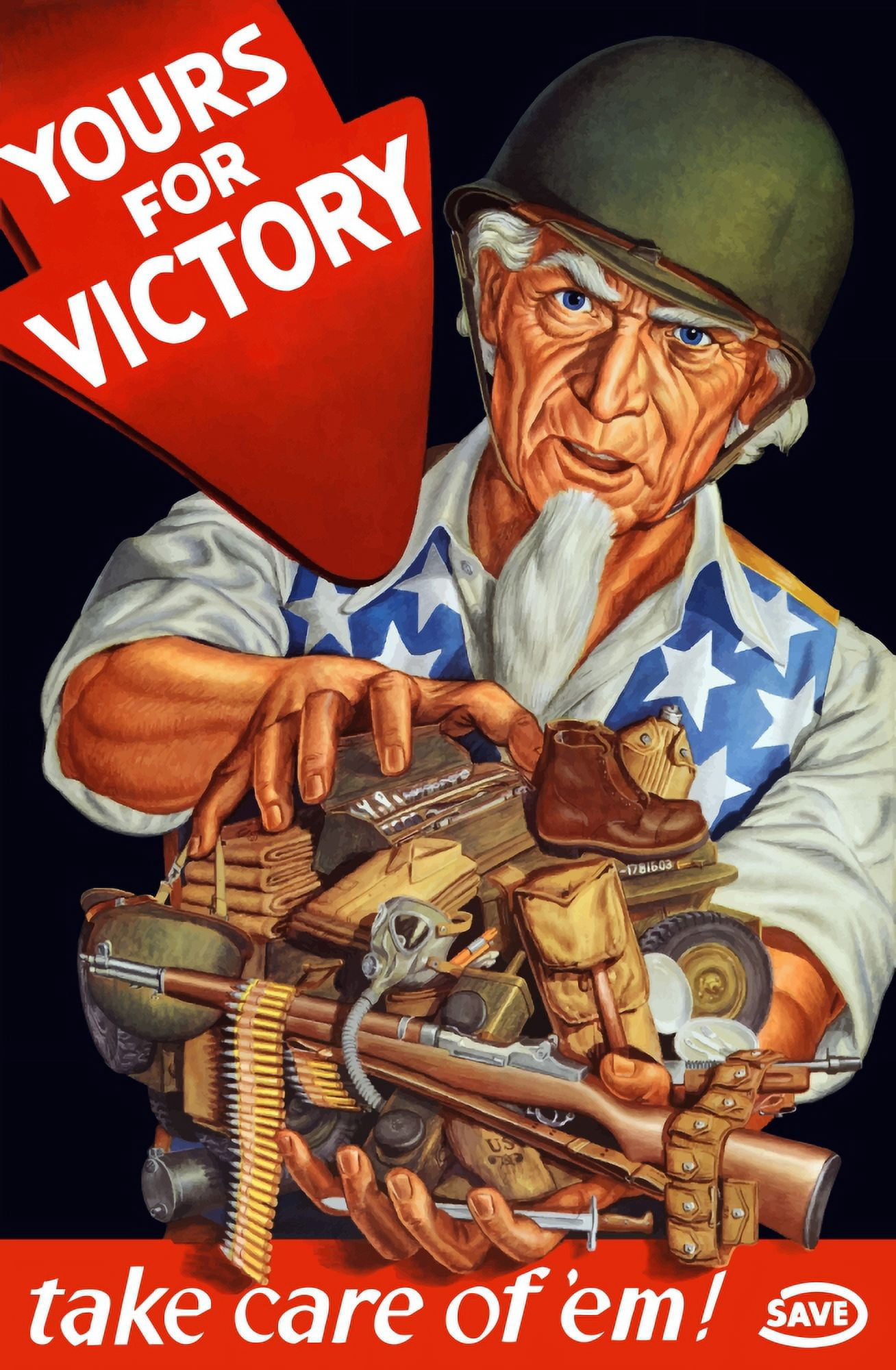 Vintage World War II poster of Uncle Sam wearing a helmet and holding supplies Canvas Art - John ParrotStocktrek Images (12 x 18)