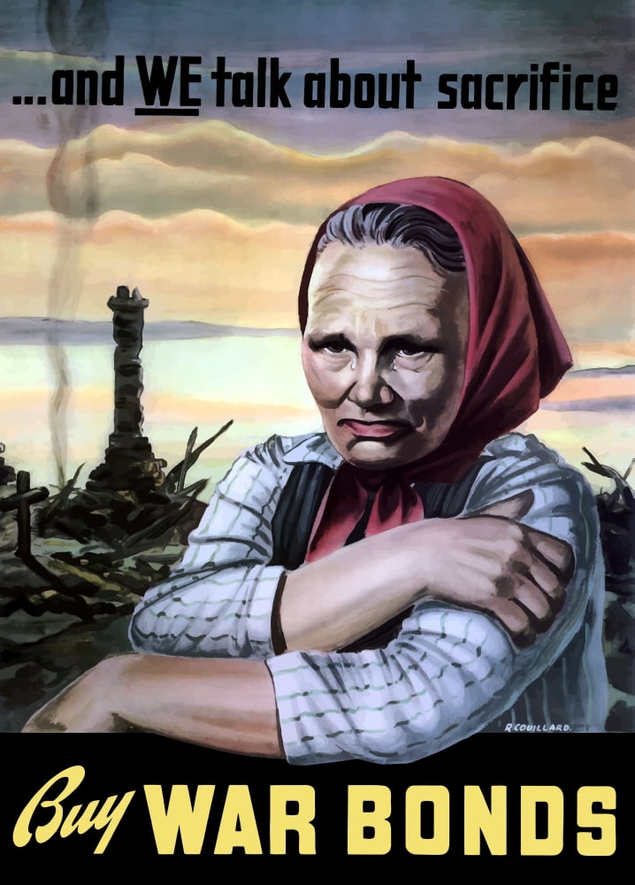 Vintage World War II poster of a European woman amid the ruins of a town Canvas Art - John ParrotStocktrek Images (24 x 34)