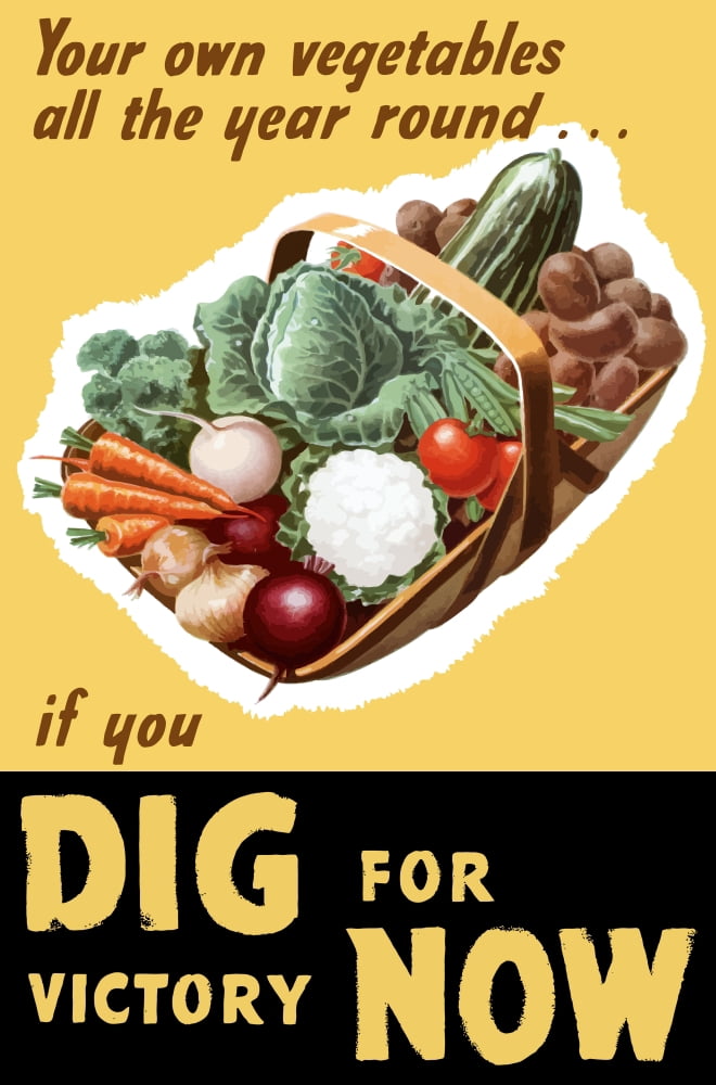 Vintage World War II poster of a basket filled with fresh vegetables Canvas Art - John ParrotStocktrek Images (23 x 35)