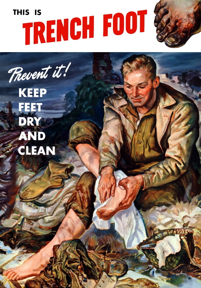 Vintage World War II poster of a soldier on the battlefield changing his socks Canvas Art - John ParrotStocktrek Images (24 x 34)
